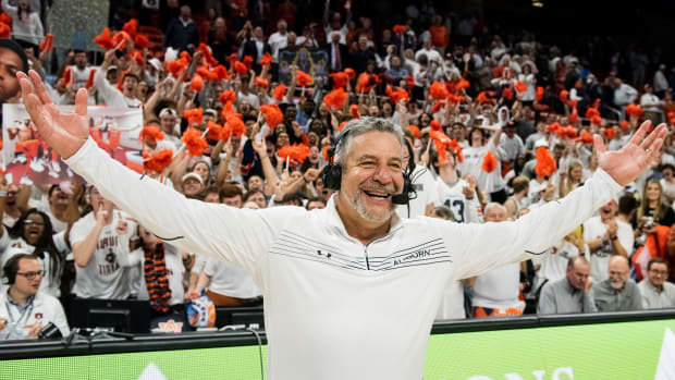 Auburn Tigers head coach Bruce Pearl celebrates after the game at Auburn Arena in Auburn, Ala., on Tuesday, Feb. 1, 2022. Auburn Tigers defeated Alabama Crimson Tide 100-81.